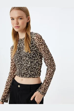 Koton Leopard Tulle Blouse Crop Long Sleeve Crew Neck Gathered