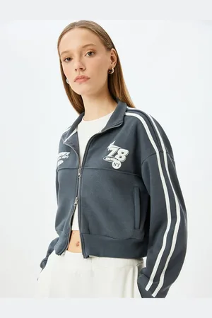 Koton Stand Collar Zippered Pocket Detailed Piping Crop College Sweatshirt