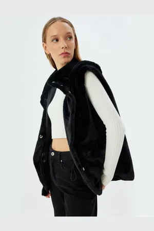 Koton Faux Für Vest with Hood and Snap Button Pocket Detail
