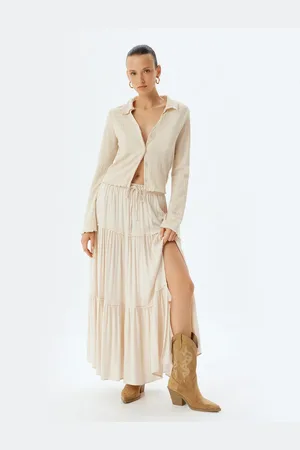 Koton Ruffled Layered Slit Viscose Long Bell Skirt