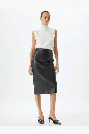 Koton Faux Leather Skirt Midi Length Pencil Form Slit Belt Detail