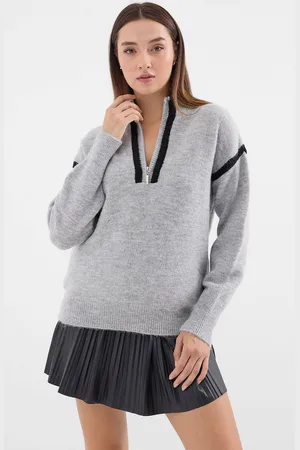 Bigdart 15888 Zippered Oversize Sweater - Gray