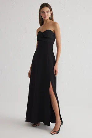 Trendyol Black A-Line Strapless Woven Long Elegant Evening Dress