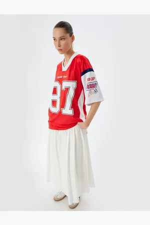 Koton Oversize T-Shirt V Neck Back College Print Short Sleeve Mesh Detail