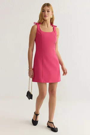 Trendyol Fuchsia Plain Bow Mini Woven Dress
