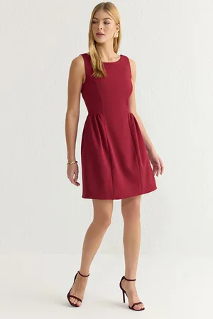 Trendyol Burgundy A-Line Skirted Voluminous Mini Woven Dress