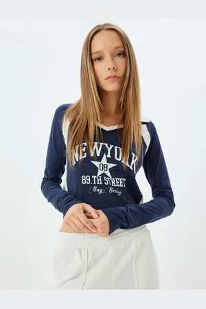 Koton Polo Neck T-Shirt Crop Long Sleeve College Printed Slim Fit