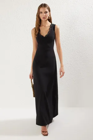 Trendyol Black Lace Collar Detail Woven Long Elegant Evening Dress