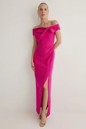 Trendyol Fuchsia Carmen Collar Bowknot Woven Maxi Evening & Graduation Dress