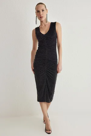 Trendyol Anthracite Body-Fitting Glittering Glitter Knitted Lined Stylish Dress