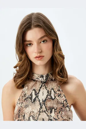 Koton Sleeveless Snakeskin Printed Back Detail Halter Neck Blouse