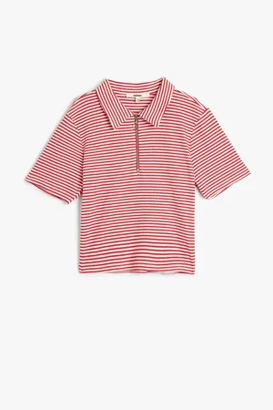 Koton Polo Collar Crop T-Shirt Half Zipper Detail Short Sleeve Slim Fit