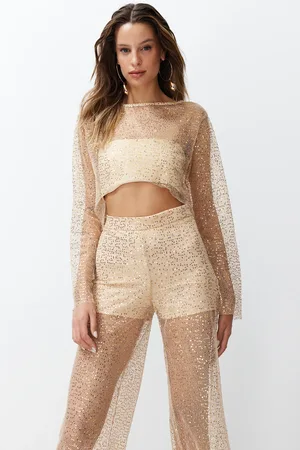 Trendyol Beige Crop Unlined Shiny Sequined Knitted Mesh Blouse