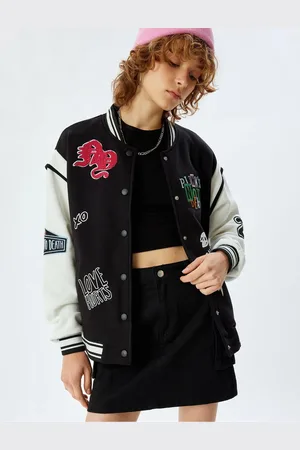 Koton Oversize College Jacket Bomber Collar Embroidered Snap Button Color Block Pocket