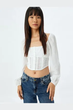 Koton Balloon Sleeve Blouse Crop Gipel U Neck Buttoned Slim Fit Crochet Detail