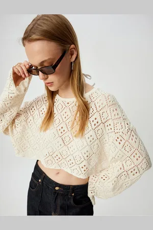 Koton Openwork T-Shirt Crop Long Sleeve Crew Neck Comfortable Pattern