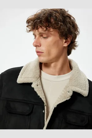 Koton Suede Look Jacket Slim Fit Plush Detail Shirt Collar