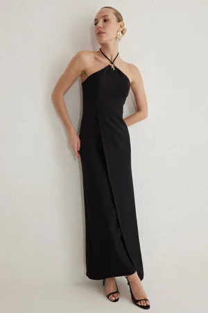 Trendyol Black Plain Straight Cut Bowknot Woven Finike Maxi Evening Dress & Graduation Dress