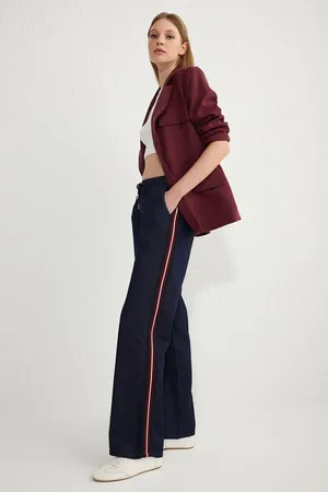 Trendyol Dark Blue Elastic Waistband Stripe Detail High Waist Wide Leg Jeans