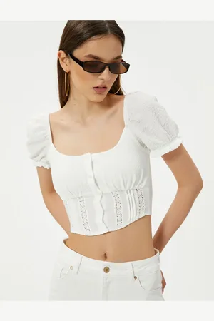 Koton Balloon Sleeve Crop Blouse Lace Detailed Buttoned U Neck Crinkle Fabric