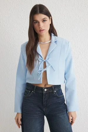 Trendyol Light Blue Tie Detail Lined Crop Blazer Jacket