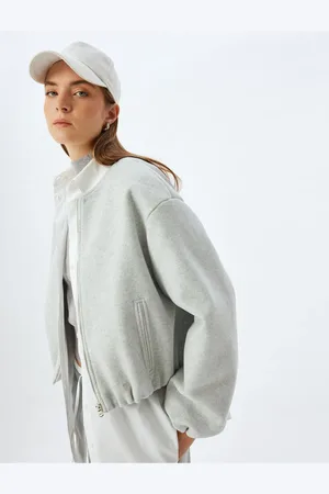 Koton Crop Bomber Jacket Soft Texture Round Neck Pocket Lined