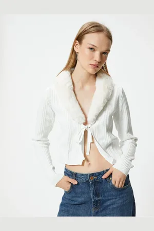 Koton Crop Cardigan Collar with Faux Für Tie Detail Slim Fit