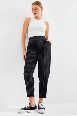 Bigdart 6637 High Waist Striped Fabric Trousers - Black