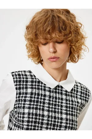 Koton Crop Blouse Shirt Collar Tweed Detail Slim Fit