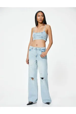 Koton Wide Leg Ripped Denim Trousers with Standard Waist Buttons - Bianca Wide Leg Jean