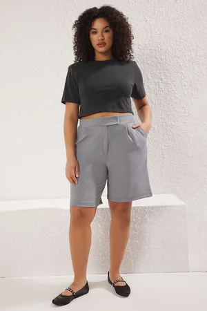 Trendyol Curve Grey Pleat Detail Plus Size Knitted Shorts & Bermudas