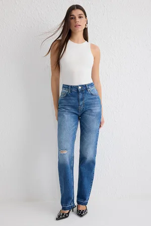 Trendyol Blue High Waist Long Straight Jeans