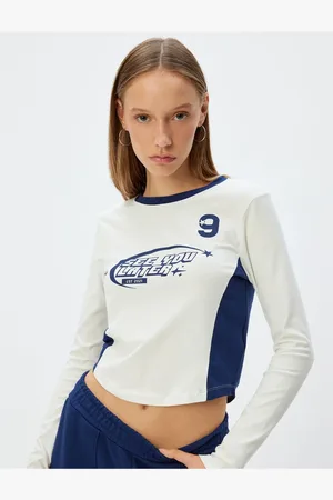 Koton Crop T-Shirt Long Sleeve Slogan Printed Color Block Crew Neck Slim Fit
