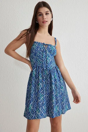 Trendyol Blue Skirt Opening at Waist Geometric Patterned Gipel Mini Woven Dress