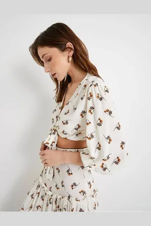 Koton Crop Blouse Balloon Sleeves Floral Tie Front