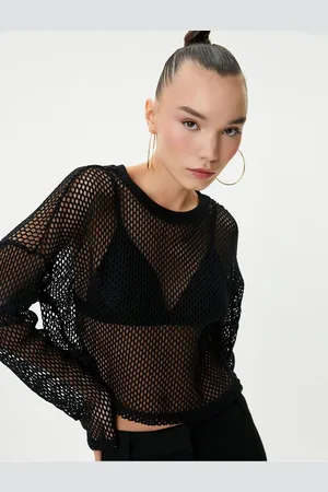 Koton Crop Mesh T-Shirt Long Sleeve Crew Neck