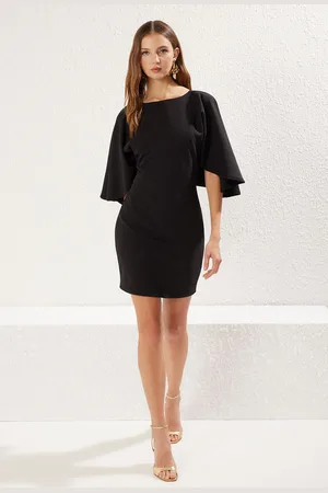Trendyol Black Boat Neck Cape Detailed Woven Elegant Evening Dress