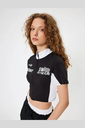 Koton Crop T-Shirt Zippered College Printed Stand Collar Color Blocked Short Sleeve