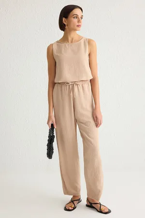 Trendyol Beige Sleeveless Blouse and Elastic Waist Wide Leg Trousers Woven Bottom-Top Set