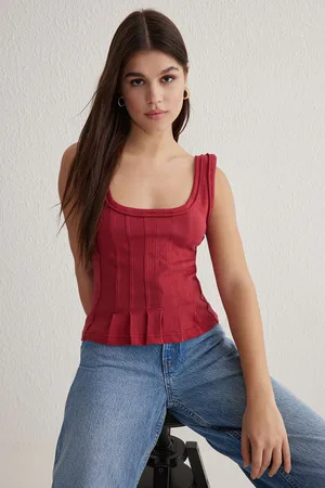 Trendyol Dark Cherry Pleated Detail Pool Neck Fitted/Body-Smoothing Knitted Blouse
