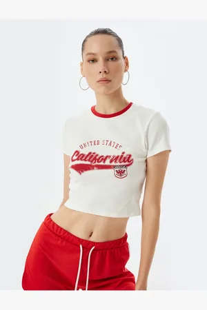 Koton Crop T-Shirt Back Printed College Themed Short Sleeve Piping Slim Fit