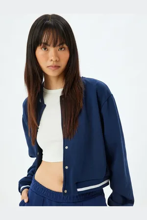 Koton Bomber Collar Sweatshirt with Snap Buttons and Ribbed Both