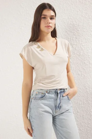 Trendyol Stone Button Detail Regular V Neck Moon Sleeve Knitted Blouse