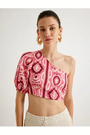 Koton X Melis Ağazat - One Shoulder Balloon Sleeve Crop Blouse Ethnic Patterned Slim Fit