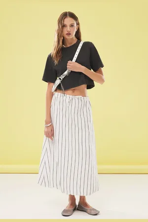 Trendyol White Balloon Detail Striped Maxi Length Woven Skirt