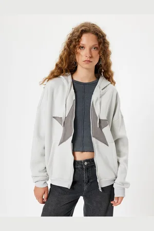 Koton Oversize Zippered Sweatshirt Hooded Star Embroidered Pocket Detailed Ribbon