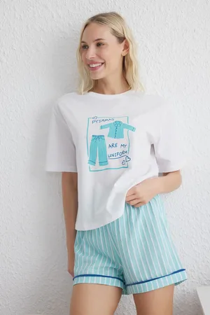 Trendyol White-Blue Plain Jersey Knitted Pajama Set