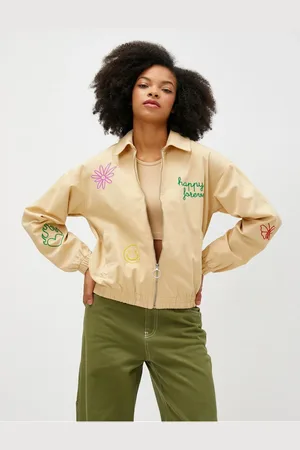 Koton Bomber Jacket Slogan na zip Vyšívaná kapsa Detail Bavlna