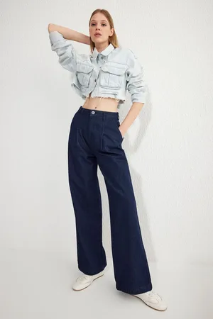 Trendyol Dark Blue Pleated High Waist Wide Leg Jeans