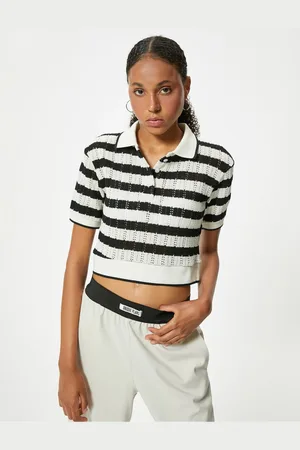 Koton Crochet Polo Neck T-Shirt Crop Short Sleeve Button Detailed